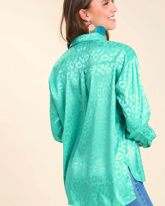 Turquoise Emerlad Green Animal Jacquard Leopard Print Long Sleeve Button Down Satin Like Blouse