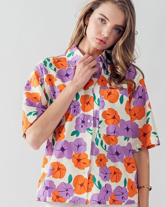 Red & Purple Poppy Button Front Short Elbow Sleeve Collared Top