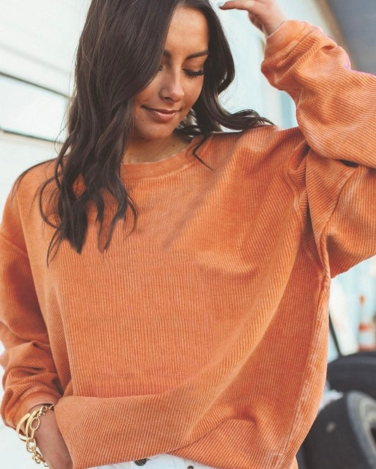 Orange or Tan Ribbed Corduroy Oversized Long Sleeve Sweatshirt Top