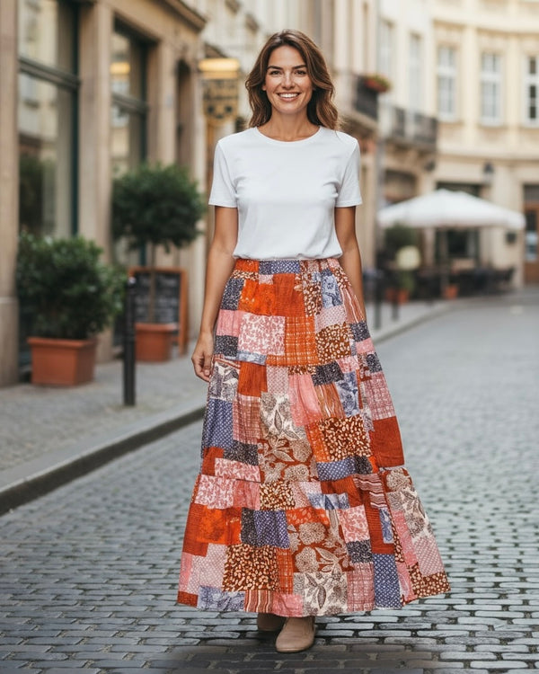 Brown & Blue Multicolor Patchwork Maxi Elastic Waist Skirt