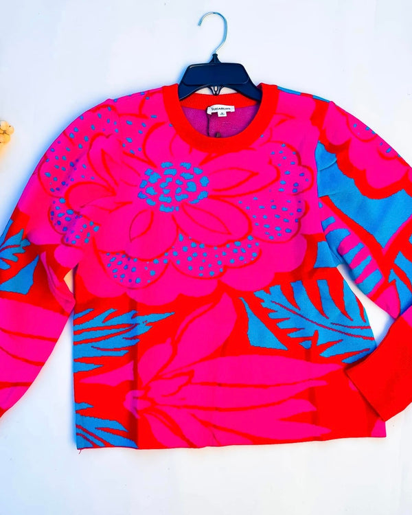 Pink, Red & Blue Abstract Flower Print Sweater Top