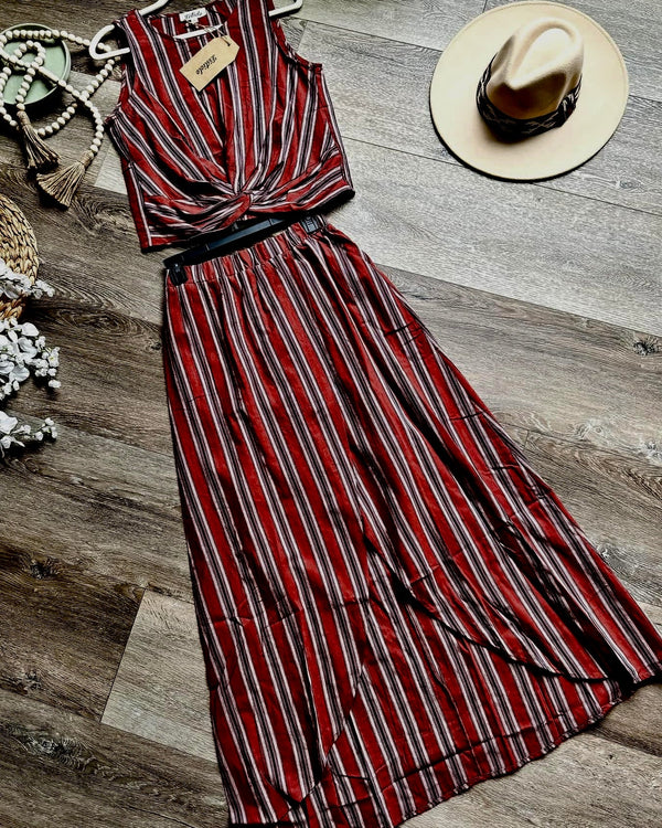 Brick Red Stripe 2 pc Maxi Skirt & Halter Sleeveless Top Set