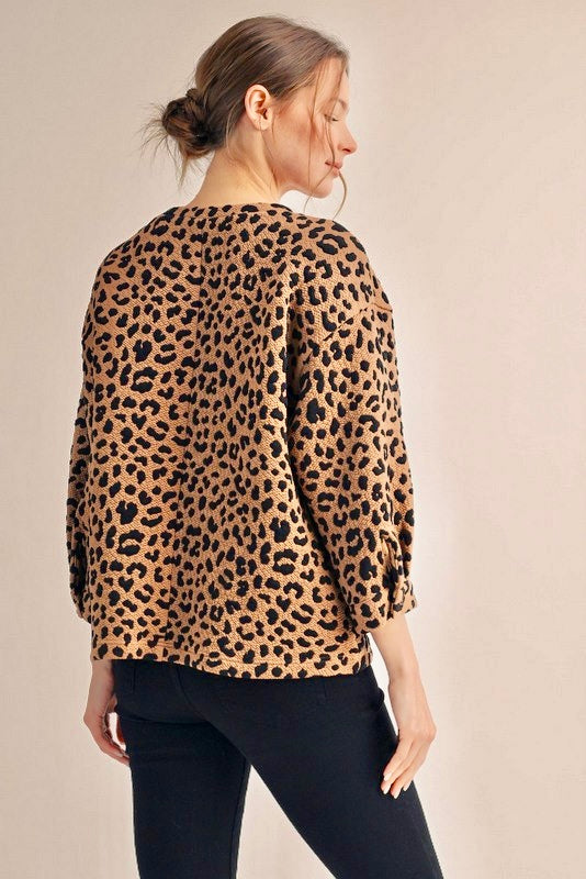 Tan & Black Textured 3/4 Long Sleeve Leopard Print Top