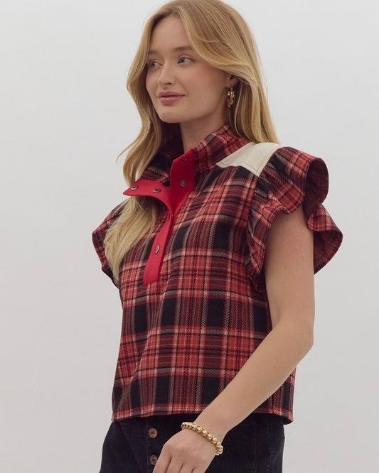 Red & Black Plaid Ruffle Flutter Sleeve Boxy Top