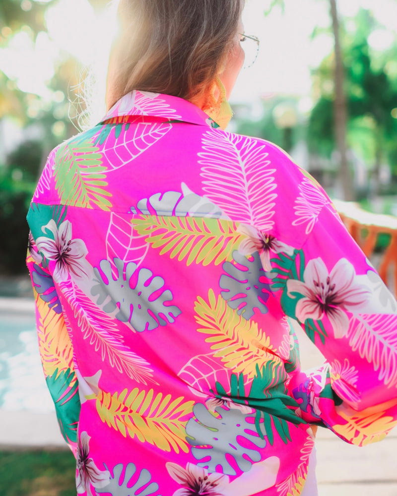 Pink Multicolor Tropical Trip to the Keys Button Up Long Sleeve Top