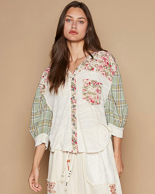 Cream Lace & Olive Green Floral Plaid Mix Button Down Oversize Hoodie Shirket Top