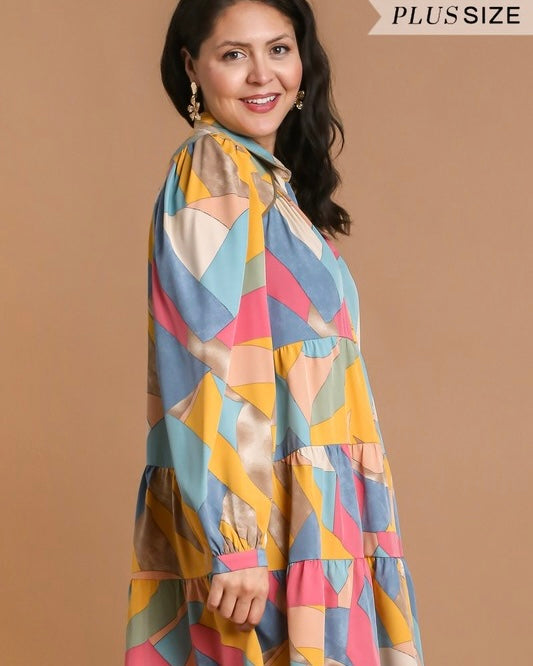 Plus Size Multicolor Blue, Yellow & Pink Abstract Print Long Sleeve Tier Dress