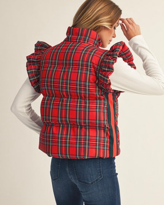 Red Plaid Front Zip Ruffled Cap Sleeve Puff Vest
