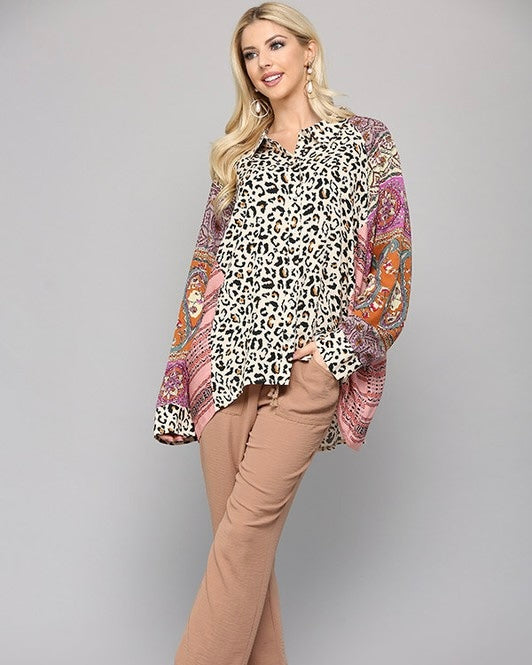 Rose Mix Media Leopard & Floral Print Button Down Loose Hi/Lo Top