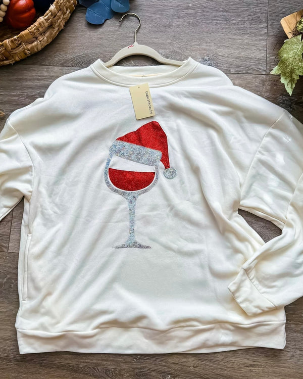 White Long Sleeve TShirt with Sequin Red Wine Glass Santa Hat Top