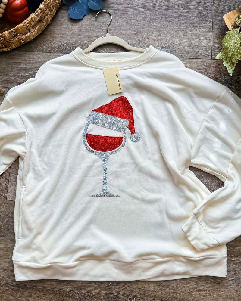 White Long Sleeve TShirt with Sequin Red Wine Glass Santa Hat Top