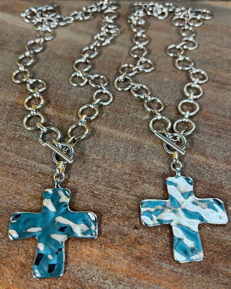 Gold or Silver Tone Choker Style Short Chain Necklace with Cross Pendant