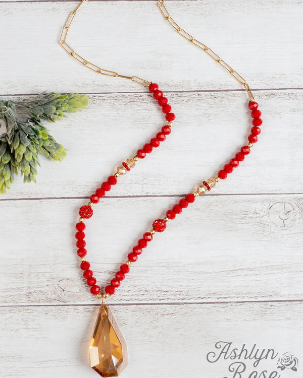 Red & Gold Sparkling Beaded Long Necklace with Gold Crystal Pendant