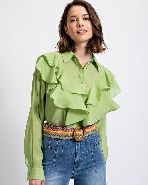 Lime Green Ruffle Front Silky Viole Button Down Long Sleeve Top