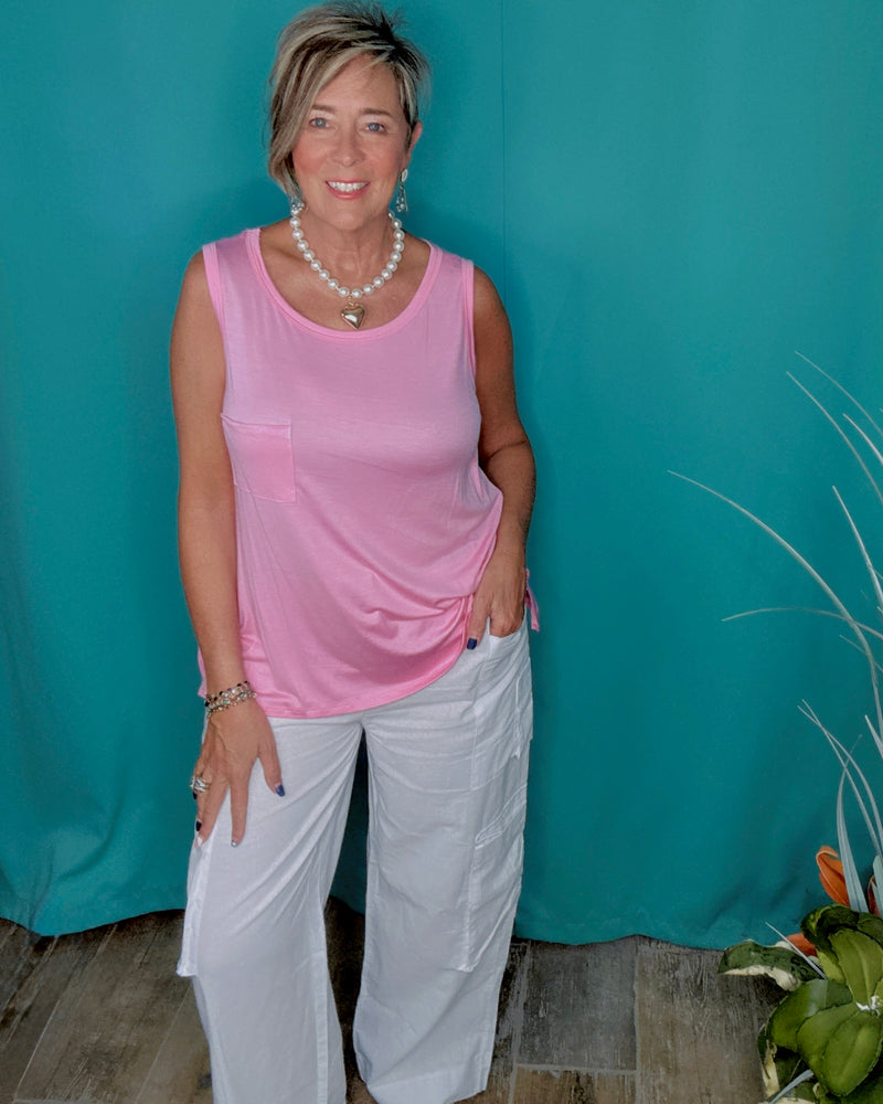 Solid White or Pink T-Shirt Sleeveless Chest Pocket Tank Top