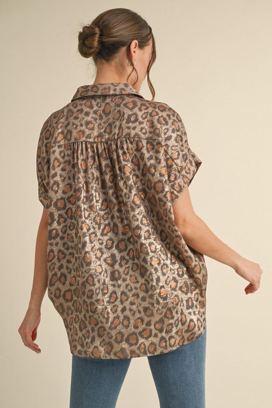 Leopard Print Metallic Collared Button Down Short Sleeve Top