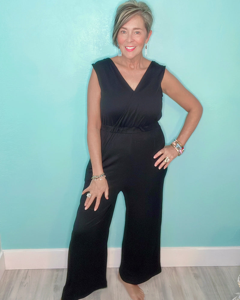 Black Sleeveless Open VNeck Pantsuit Jumpsuit