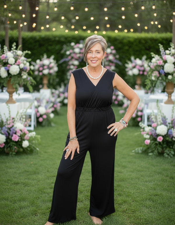 Black Sleeveless Open VNeck Pantsuit Jumpsuit