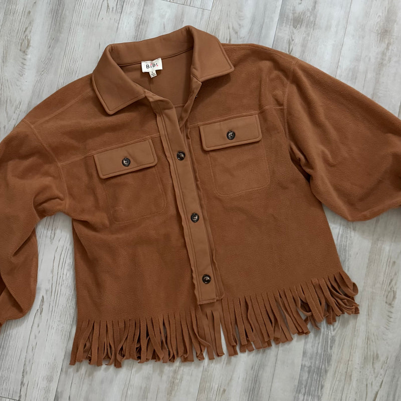 Solid Brown Fleece Button Down Fringe Long Sleeve Oversize Shirt Jacket