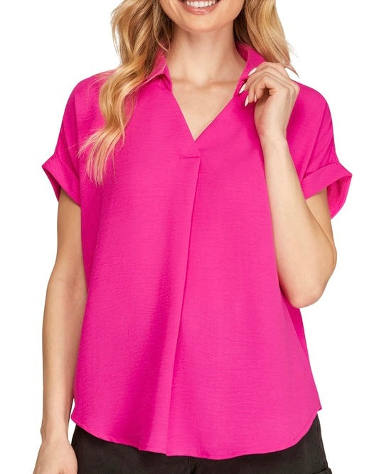 Pink, Beige or Teal Drop Shoulder Short Cap Sleeve Pleat Front Top