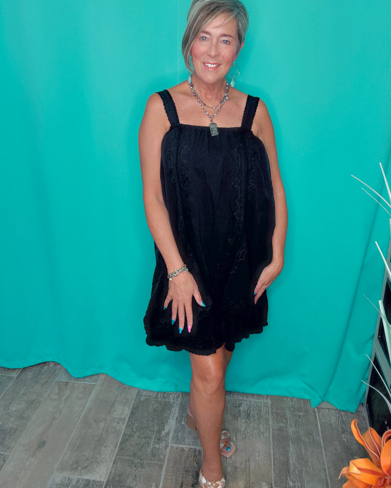 Solid Black Wide Strap Sleeveless Embroidery Sun Dress