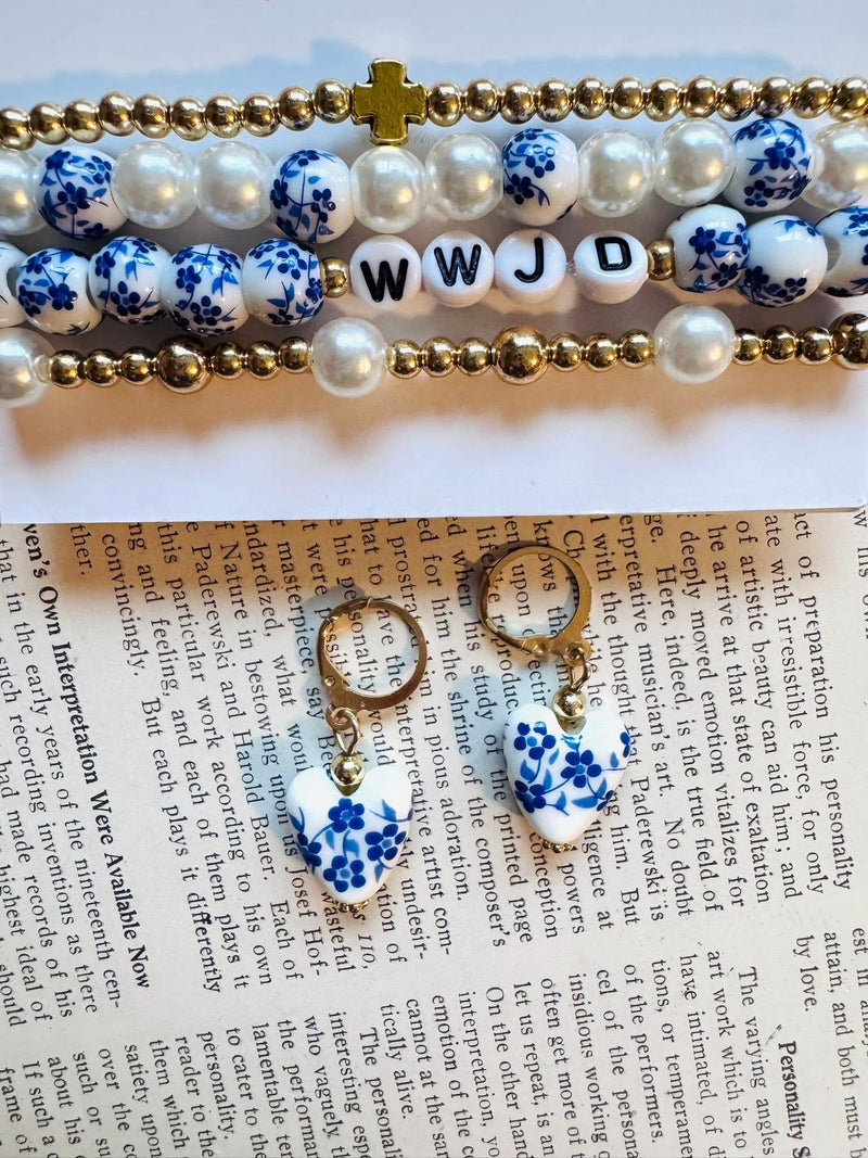 Blue & White Gold Chain Short Necklace, Earring & 4 Pc Stretch Bracelet WWJD Set