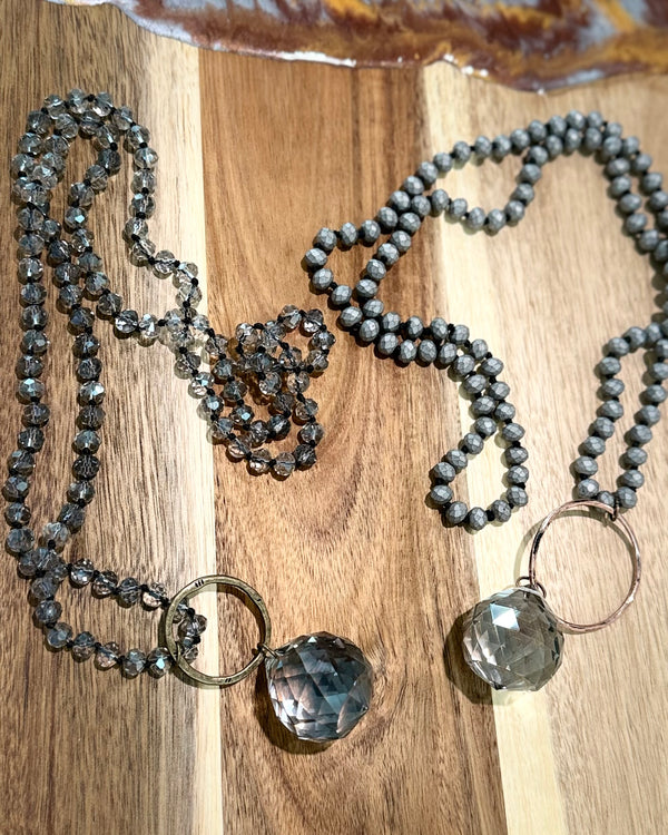 Grey Sparkling Bead Long Necklace with Ring & Round Ball Crystal Pendant