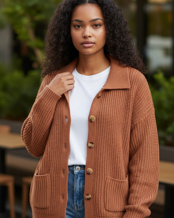 Solid Brown Ribbed Button Front Collared Long Sleeve Sweater Cardigan