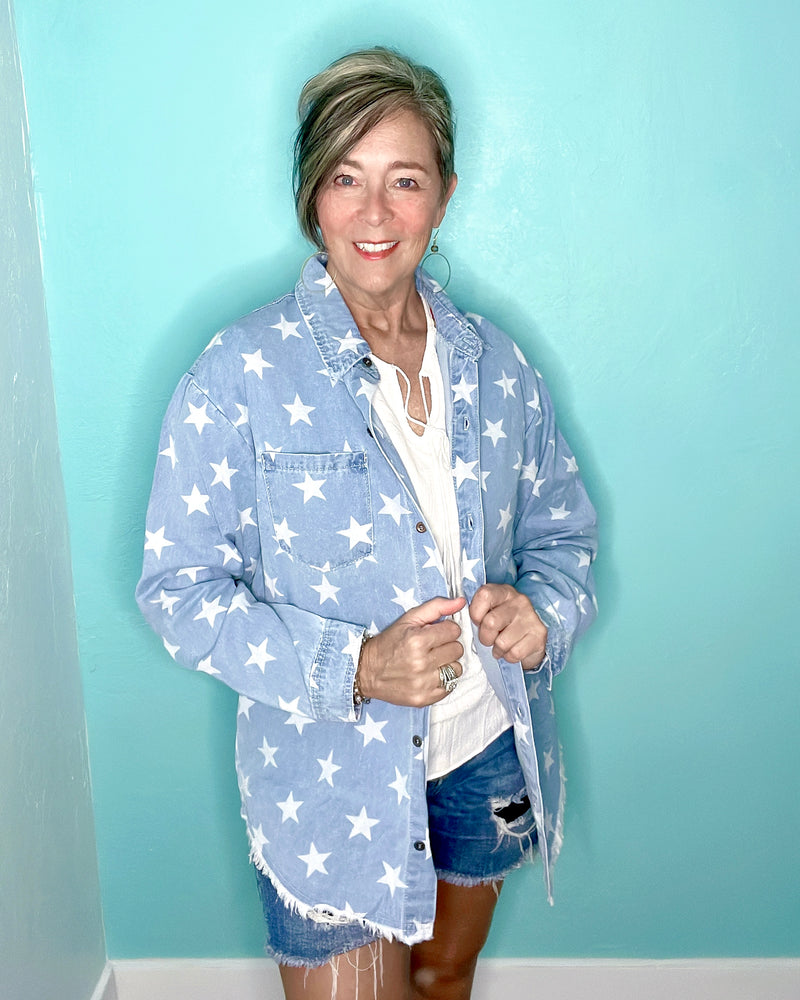 Blue Two Tone Star Denim Button Down Long Sleeve Collared Top