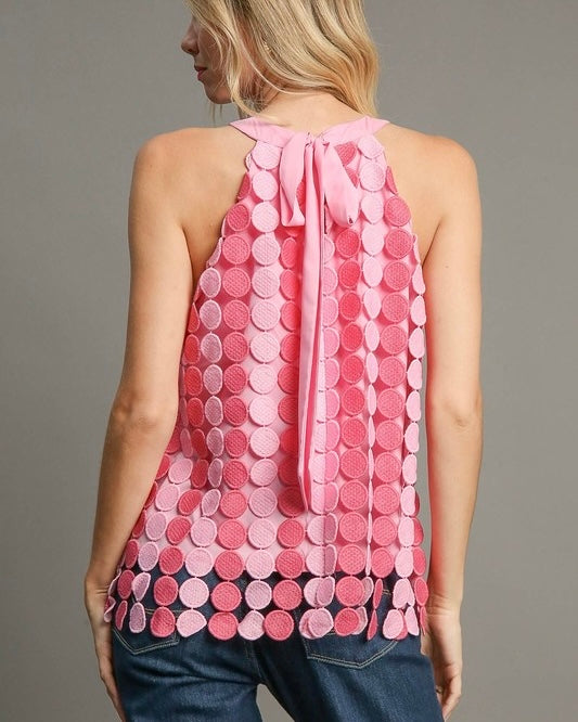 Two Tone Pink Dot Lace Circle Sleeveless Back Tie Halter Tank Top