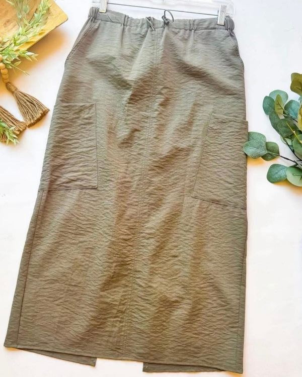 Olive Green Straight Casual Split Back Elastic Waist Pocket Cargo Skirt