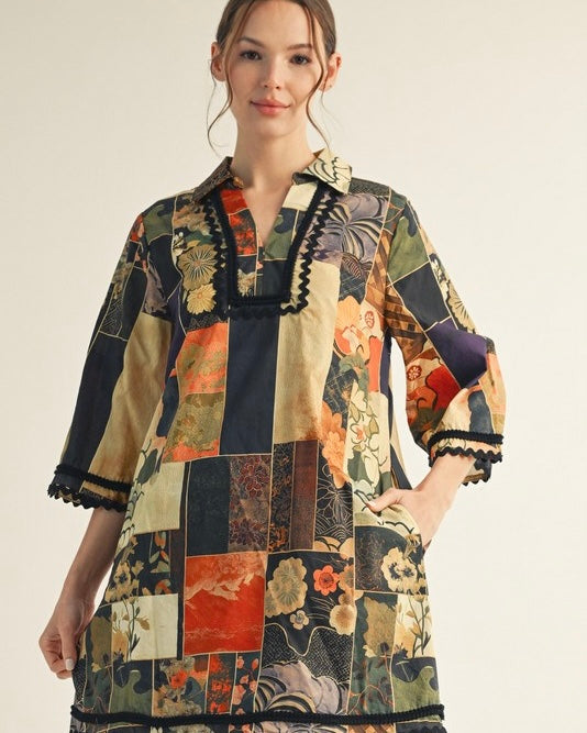Hunter Green Multi Patch Print 3/4 Flare Sleeve Ric Rac Trim Dress