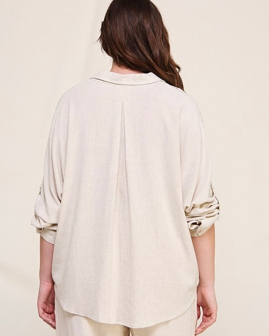 Natural Cream Plus Size Dolman Button Front 3/4 Sleeve Top