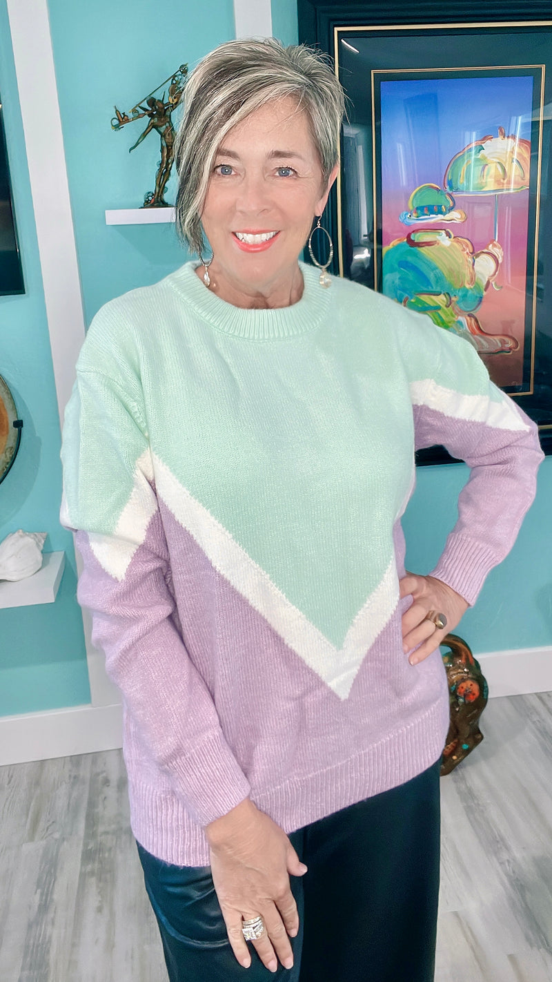 Purple & Mint Green Long Sleeve Crew Neck Diamond Sweater