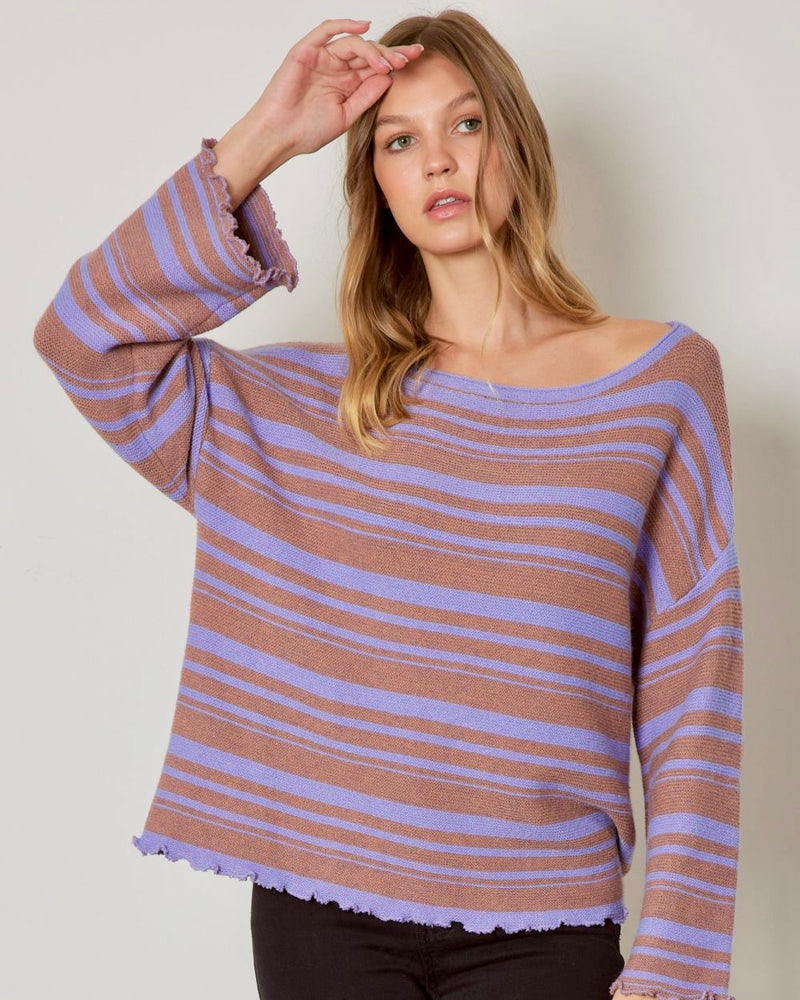 Purple Brown Striped Round Neck Lettuce Hem Detail Sweater Top