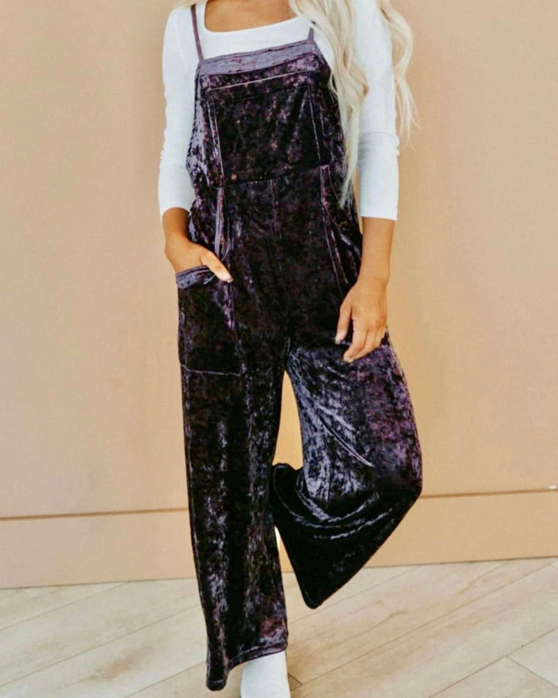 Deep Purple Velvet Pant Jumpsuit with Adjustable Tie Straps & Pockets