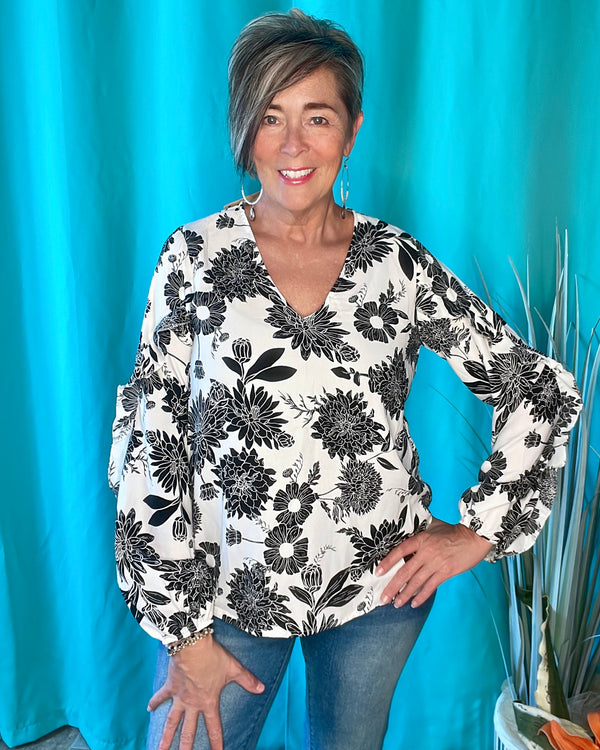 White with Black Floral Long Sleeve  Ruffle Top