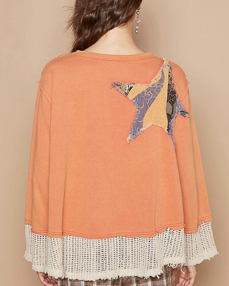 FALL Boho Papaya Orange Patch Star French Terry Long Sleeve Sweatshirt Top