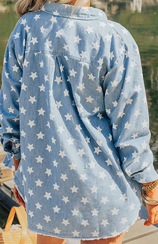 Blue Two Tone Star Denim Button Down Long Sleeve Collared Top