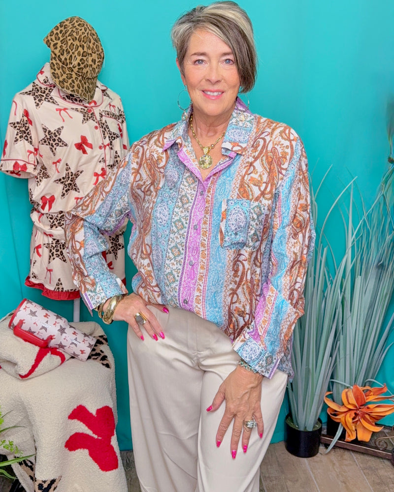 Multicolor Blue Mix Media Button Down Long Sleeve Top