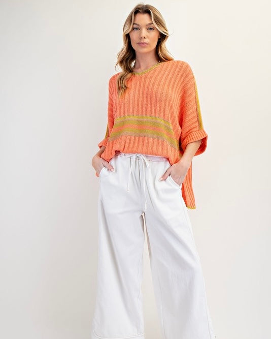 Blue or Orange 3/4 Sleeve VNeck Ribbed Sweater Knit Top