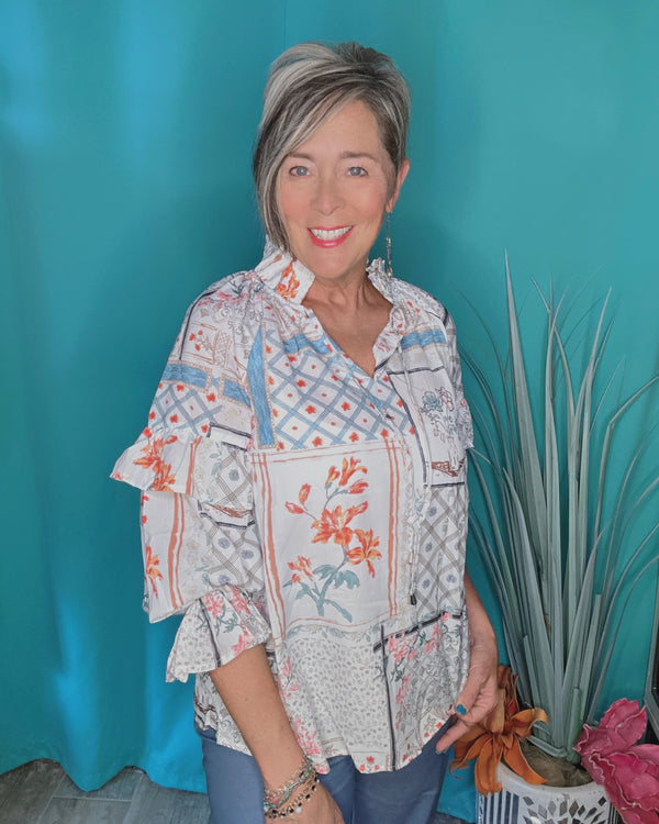Spring Garden Floral Ruffle Sleeve Tied Neck Blouse