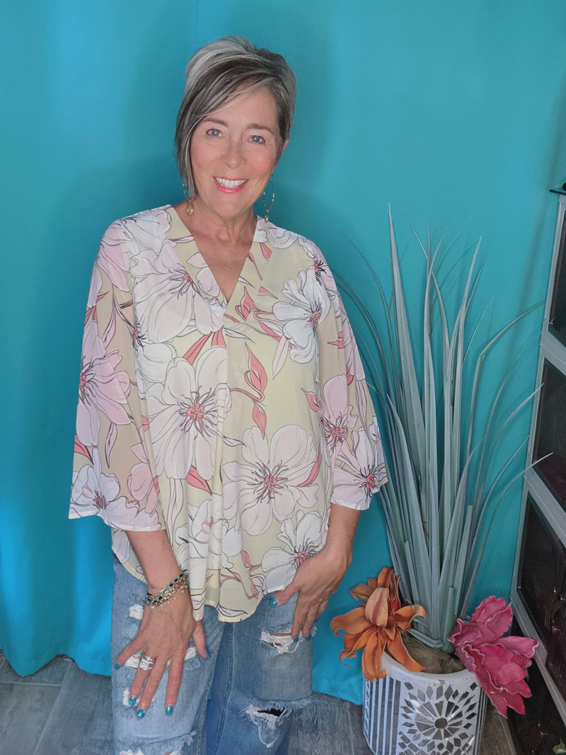 Pistachio Chiffon Large Flower Print Waterfall 3/4 Ruffle Sleeve VNeckline Blouse