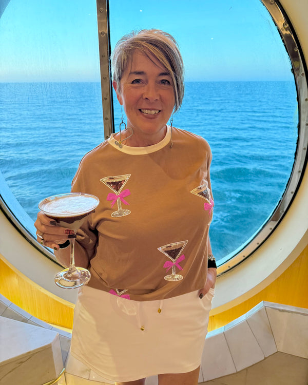 Brown & Pink Espresso Sequin Martini Glass Oversized Short Sleeve Tshirt Top