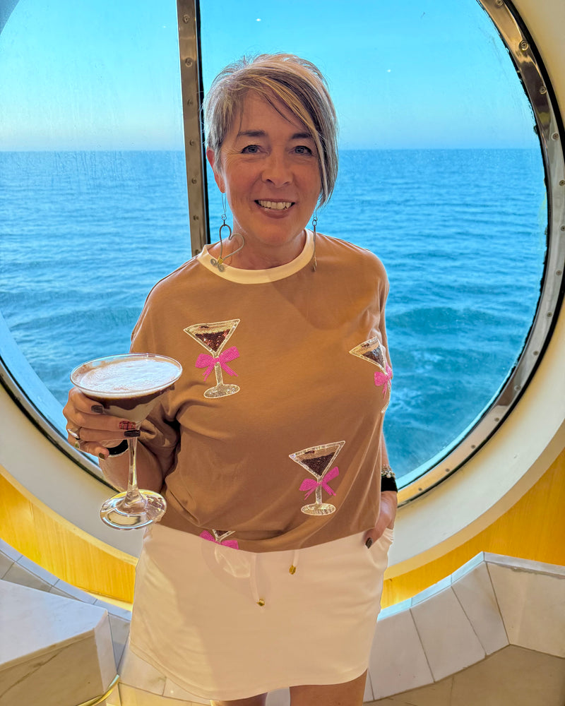 Brown & Pink Espresso Sequin Martini Glass Oversized Short Sleeve Tshirt Top