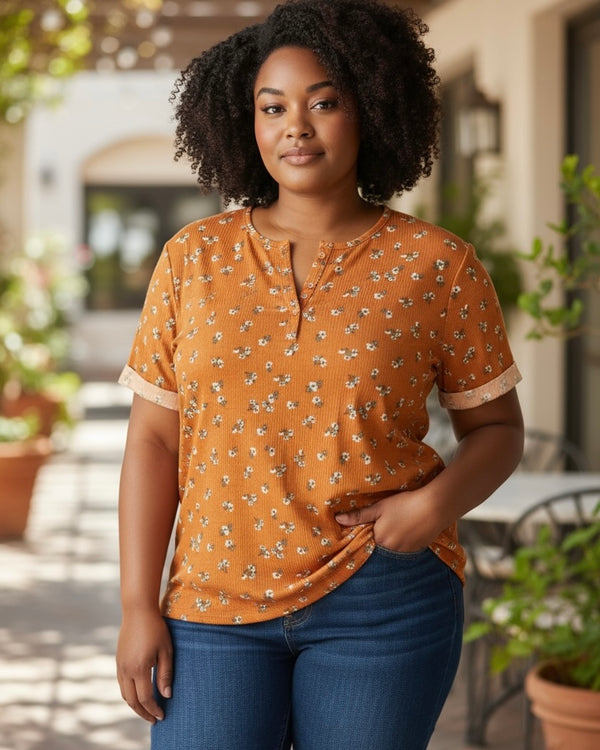 Plus Size Pumpkin Ribbed Floral Print Short Rolled Sleeve Open VNeck Top