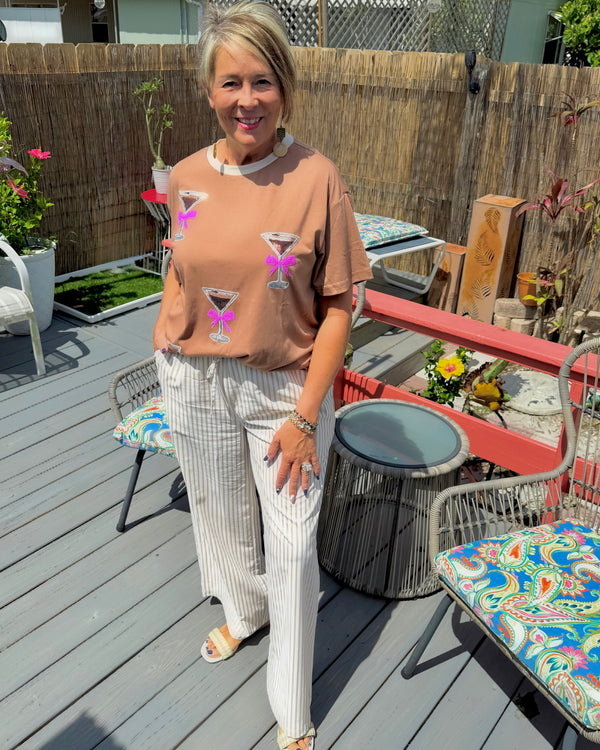 Brown & Pink Espresso Sequin Martini Glass Oversized Short Sleeve Tshirt Top