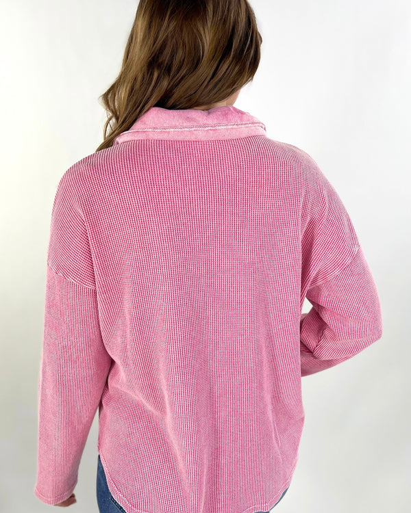 Plus size Pink Waffle Button Down Shacket