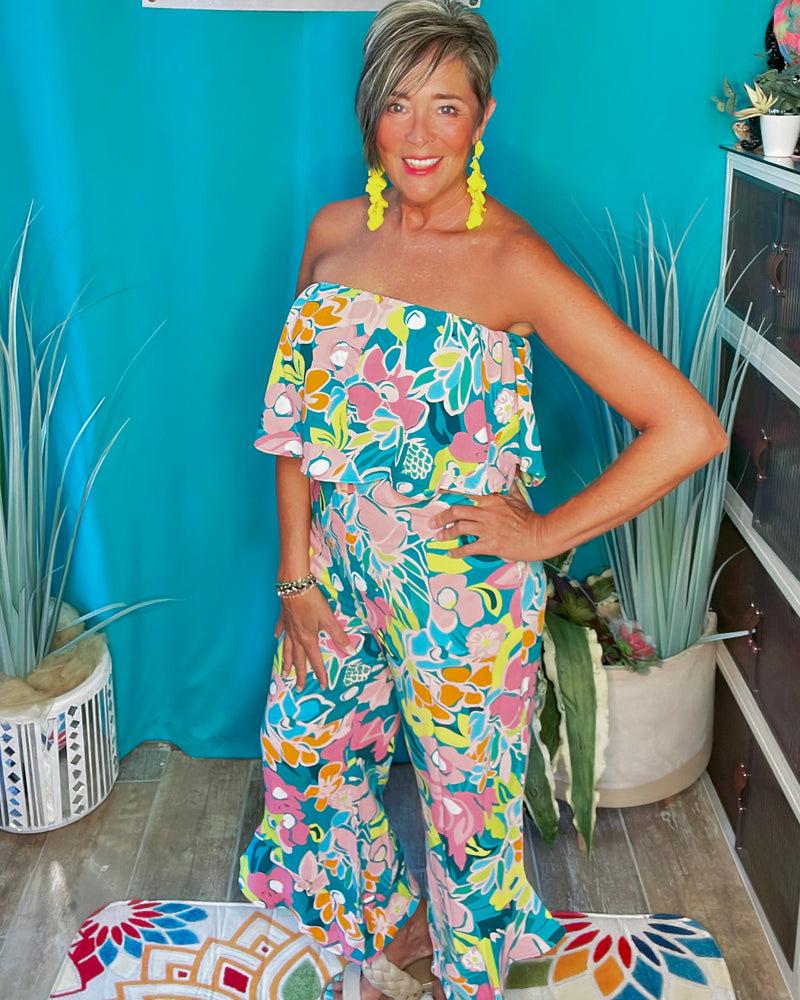 Tropical Multicolor Green, PInk, Yellow & Blue Bandeau Strapless Ruffle Hem Jumpsuit