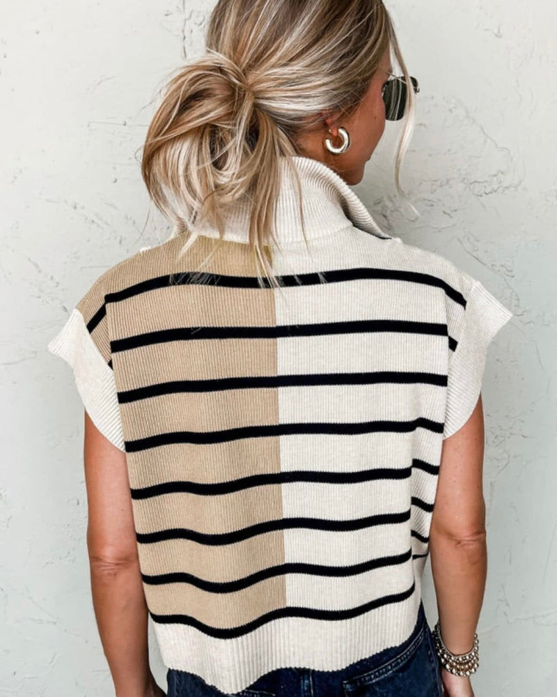 Khaki & Cream Color Block Ribbed Zip Front Short Cap Sleeve Sweater with Black Stripes